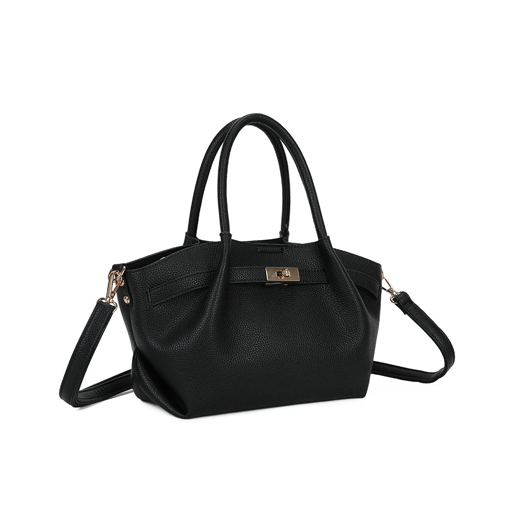 La Théodora noir vue de trois-quarts : silhouette évasée et patte ceinturée au fermoir doré – réf. KJ-62082-4