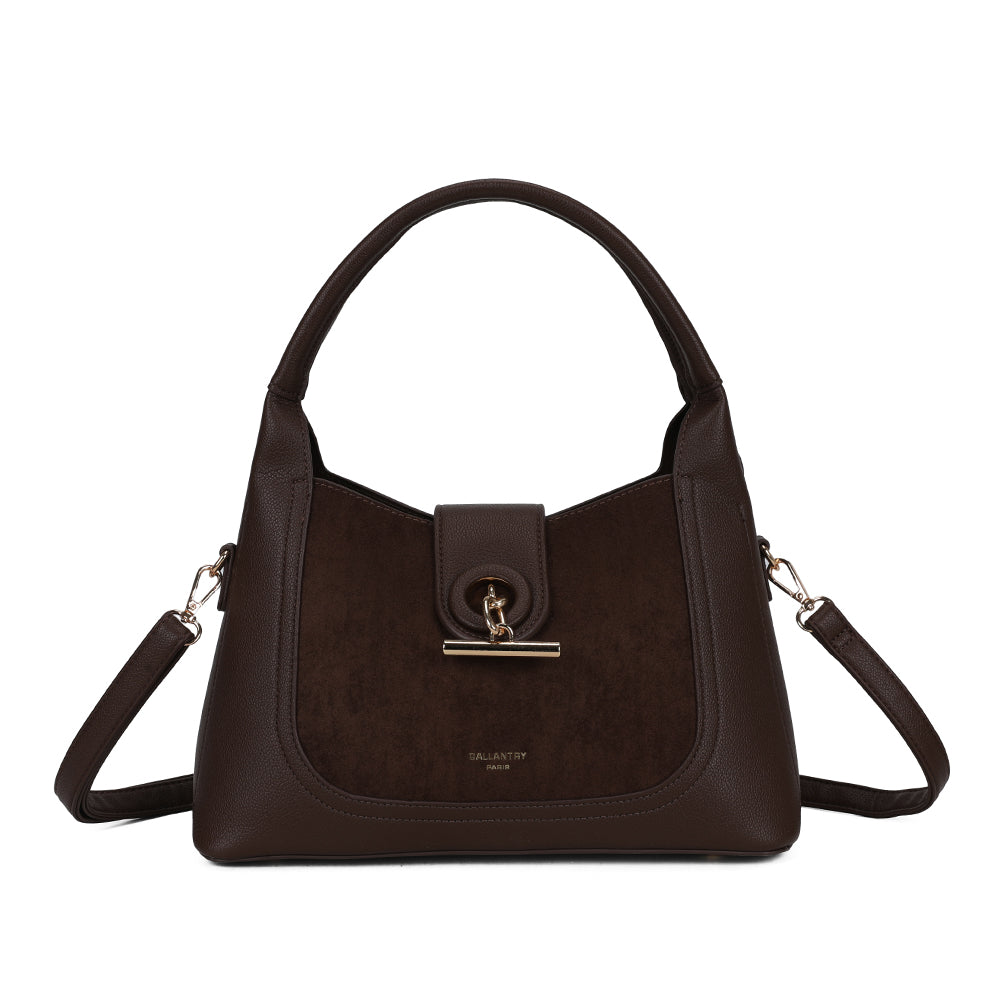 Sac à main femme La Mélisande café, simili cuir grainé et suédine, fermoir doré – Gallantry Paris – réf. KJ-62089-2