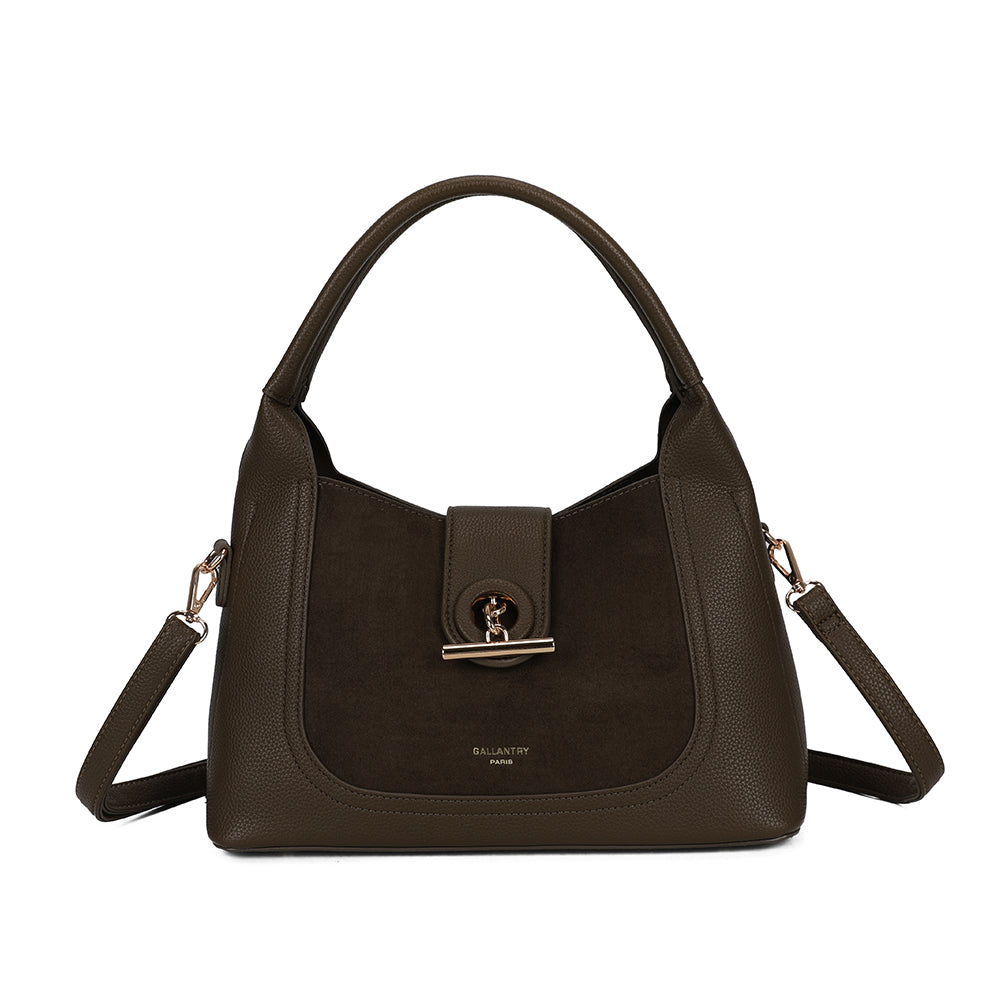 Sac à main femme La Mélisande vert foncé, simili cuir grainé et suédine, fermoir doré – Gallantry Paris – réf. KJ-62089-2