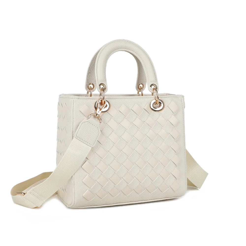 Allure Tressée beige de trois-quarts : face avant et côtés tressés, anneaux dorés aux attaches – réf. DG-5816