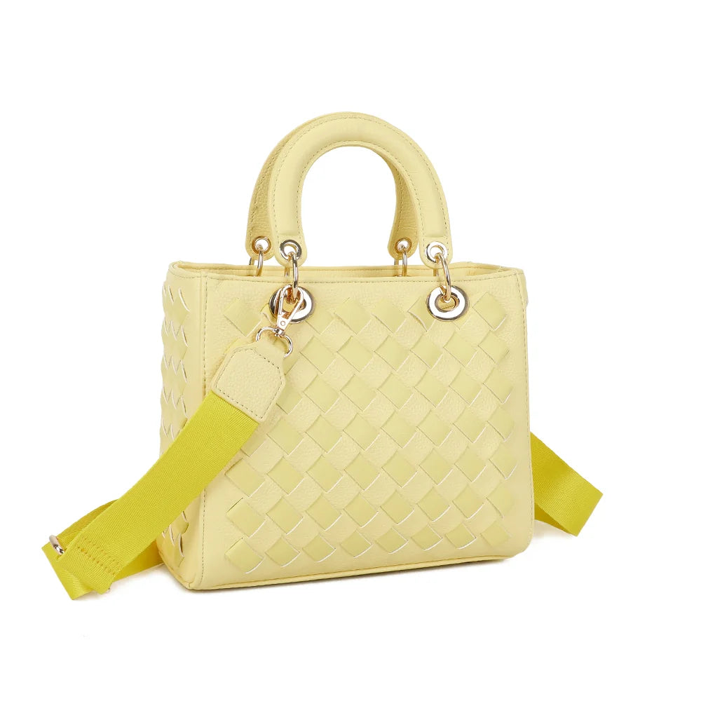 Allure Tressée jaune de trois-quarts : face avant et côtés tressés, anneaux dorés aux attaches – réf. DG-5816