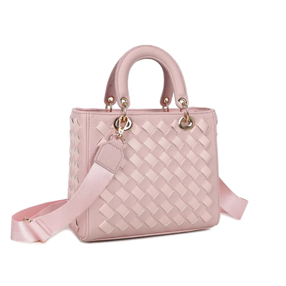 Allure Tressée rose de trois-quarts : face avant et côtés tressés, anneaux dorés aux attaches – réf. DG-5816