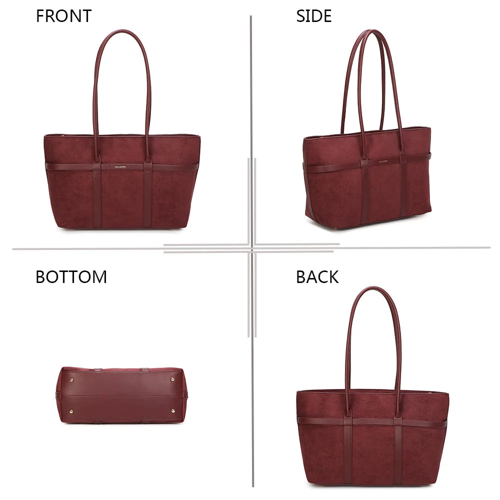 Althéa bordeaux sous quatre angles : face, côté, dessous et dos de ce grand sac à main – réf. R-2025