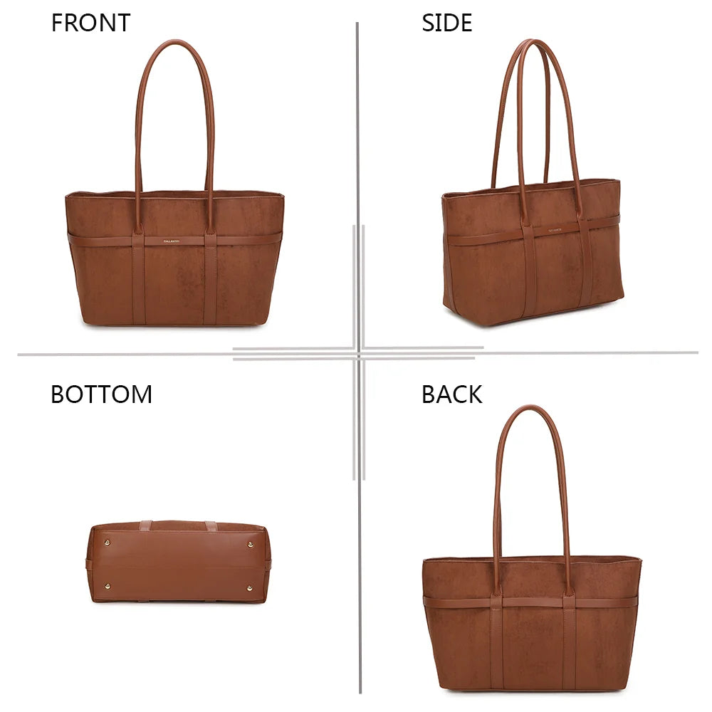 Althéa marron sous quatre angles : face, côté, dessous et dos de ce grand sac à main – réf. R-2025