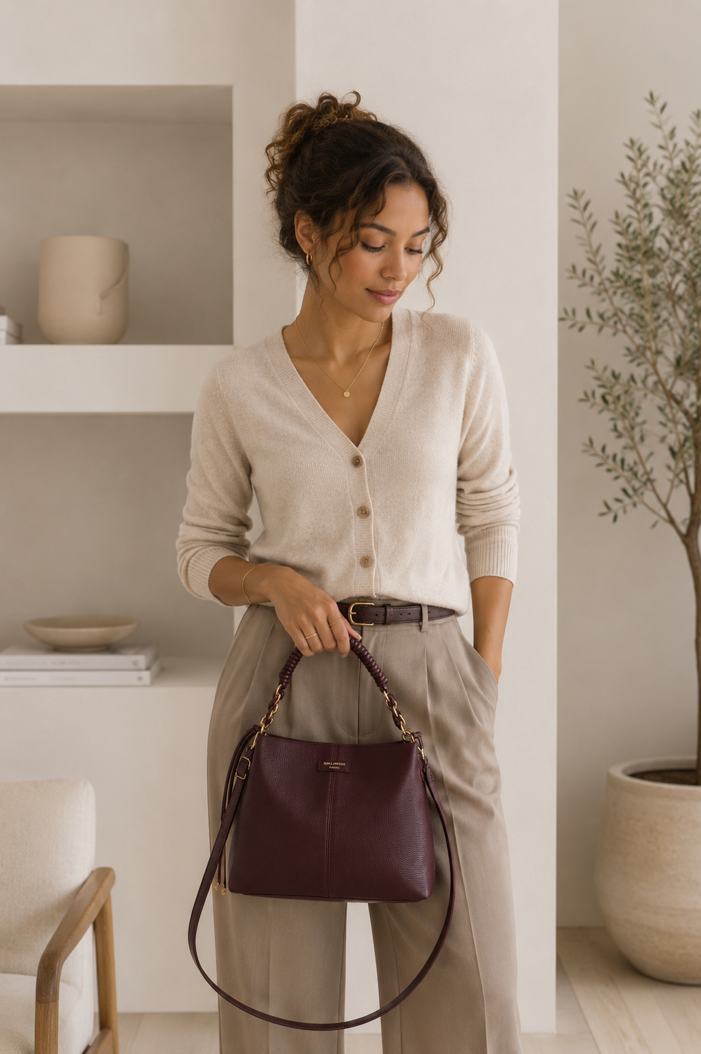 Femme portant le sac à main Amélie à anse tressée et chaîne dorée – visuel d’ambiance créé avec l’IA – Gallantry Paris