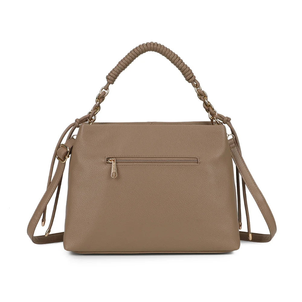 Dos du sac Amélie taupe foncé : simili cuir grainé et couture verticale centrale, pour une ligne épurée – réf. JC-53005