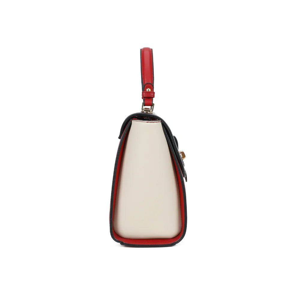 Profil du sac Améline noir montrant le soufflet latéral crème et la poignée – réf. DQ-8720