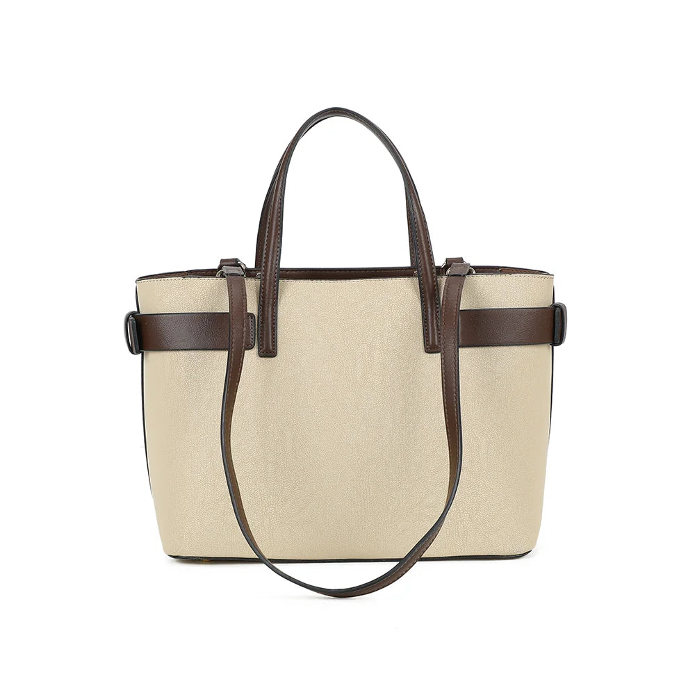 Dos du sac Aria taupe/coffee, ceinture décorative qui fait tout le tour du sac et anses longues d’épaule – réf. DQ-8714