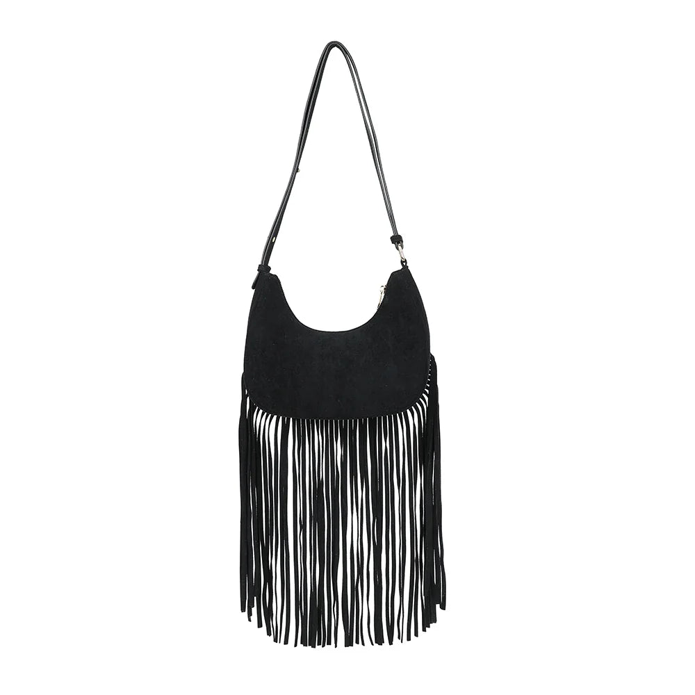 Dos du sac Arizona Suédine noir, bandoulière d’épaule et franges sur toute la largeur