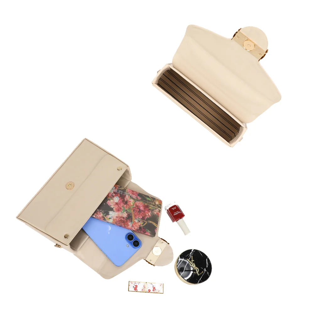 Intérieur du sac Artemisia beige : compartiment principal pour téléphone, carnet et maquillage – réf. YL-26013