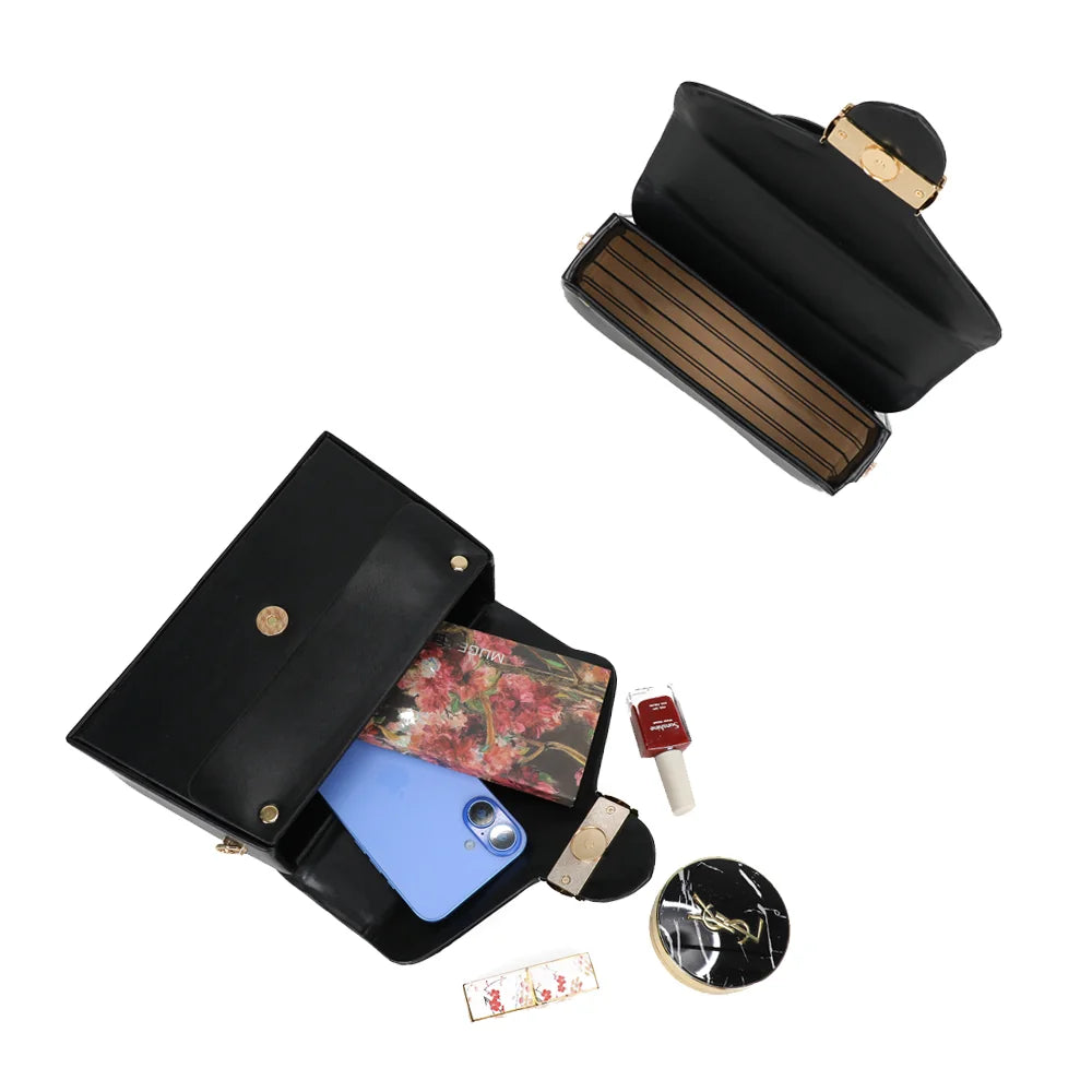 Intérieur du sac Artemisia noir : compartiment principal pour téléphone, carnet et maquillage – réf. YL-26013