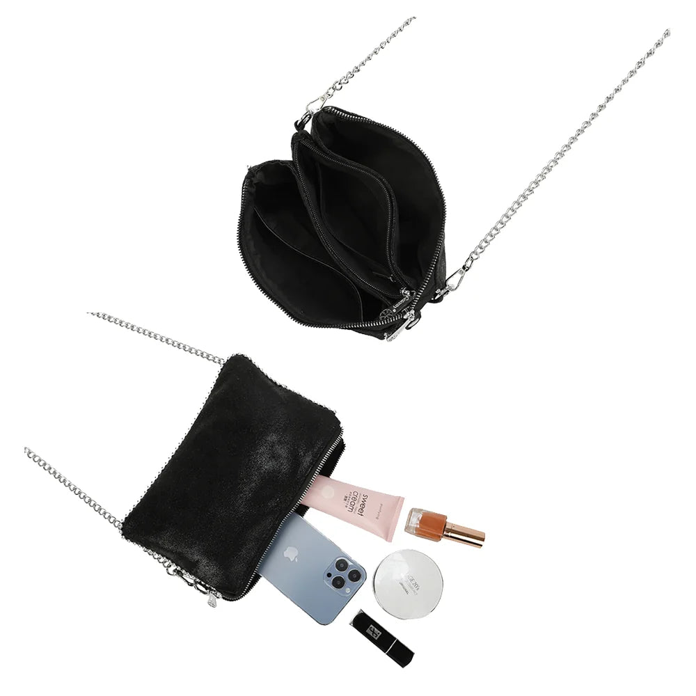 Intérieur du sac Aurora noir : compartiments zippés pour téléphone, poudrier et rouge à lèvres – réf. KJ-62015