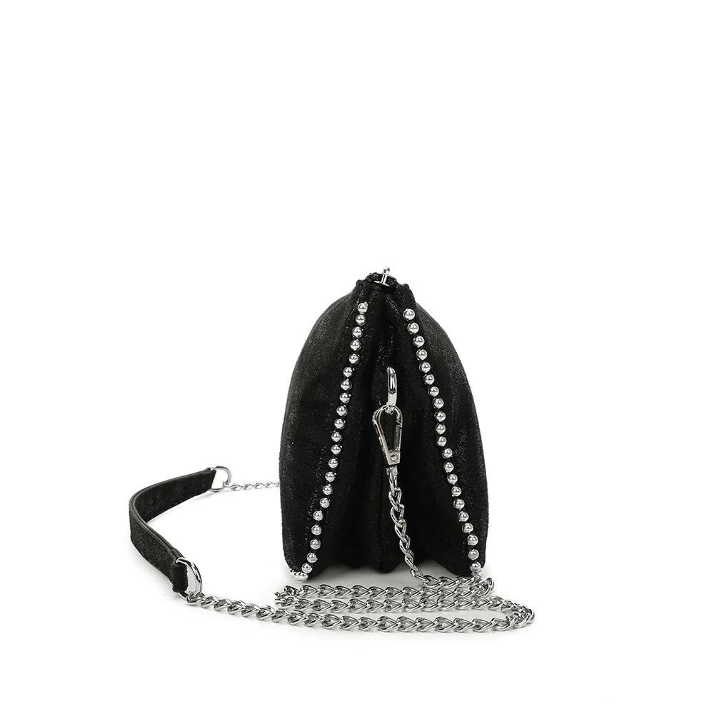 Profil du sac Aurora noir : 3 cm d’épaisseur seulement, avec anneau et mousqueton argentés – réf. KJ-62015