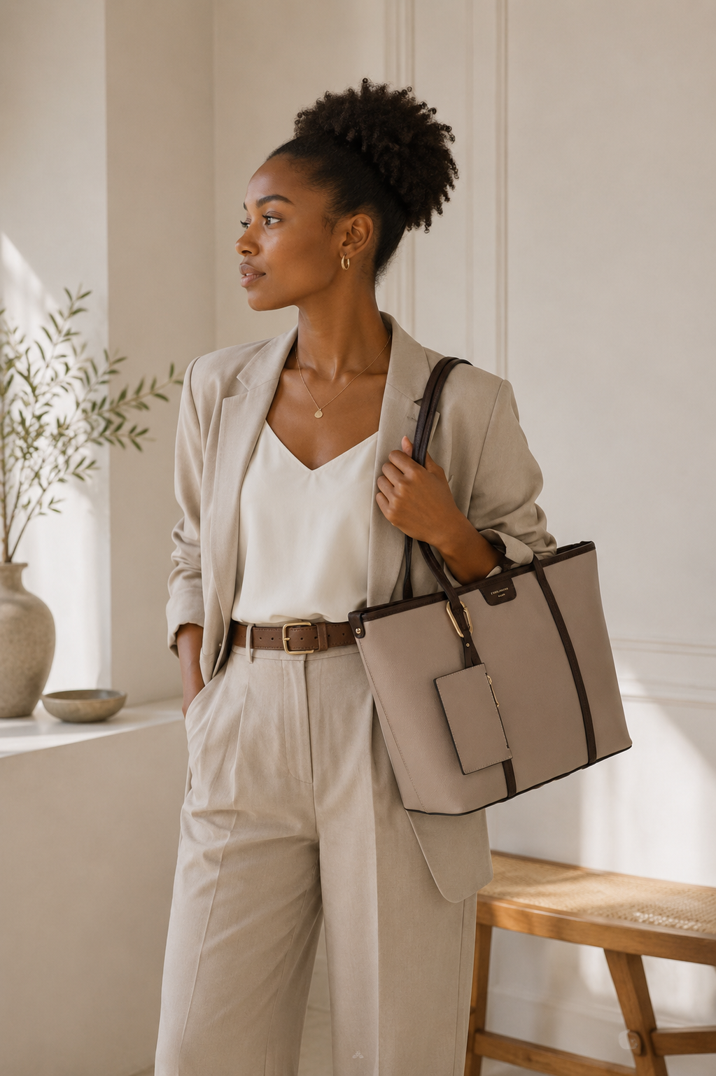 Femme portant le sac cabas Aveline taupe et café à l’épaule – visuel d’ambiance créé avec l’IA – Gallantry Paris