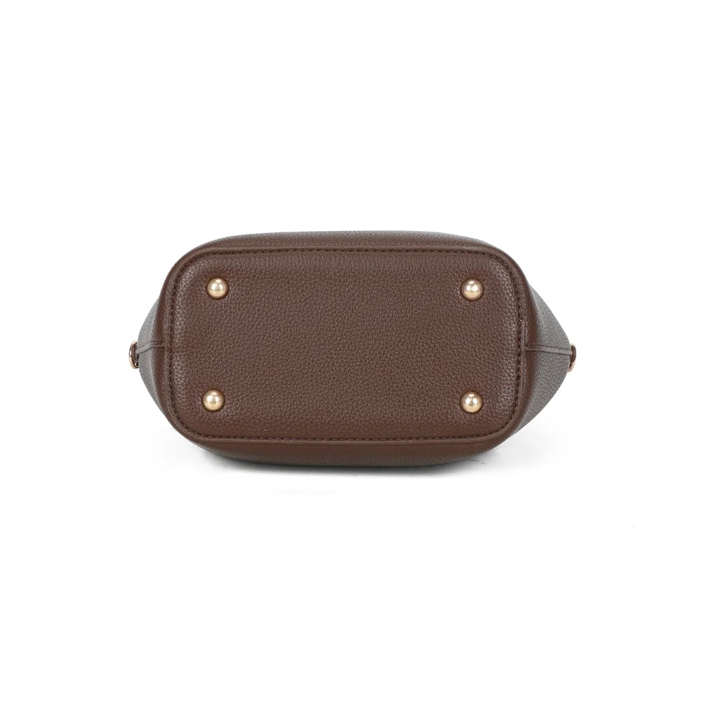 Vue de dessous du Blossom café en simili cuir grainé, pour découvrir la base de ce petit sac – réf. A-9149