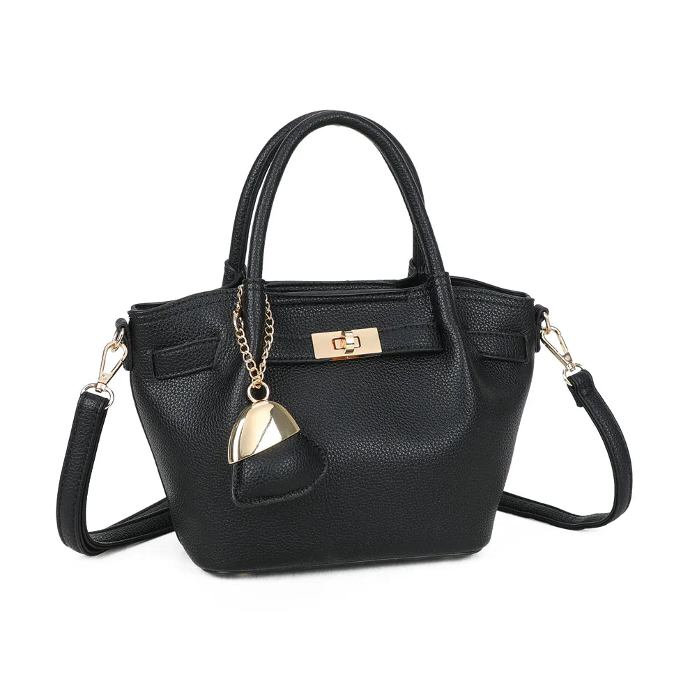 Blossom noir vu de trois quarts : silhouette compacte évasée et patte façon ceinture à fermoir doré – réf. A-9149