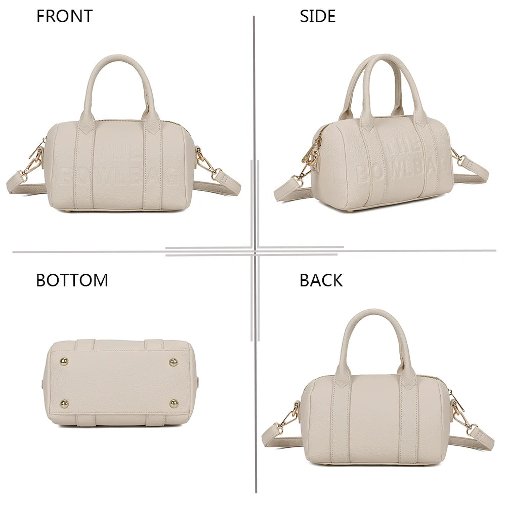 Bowlbag mini beige sous quatre angles : face, côté, dessous et dos du mini sac bowling – réf. R-1995