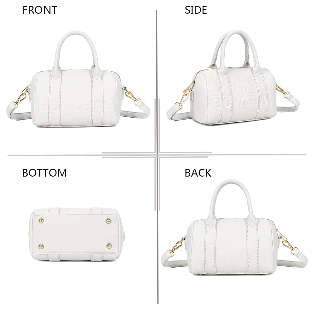 Bowlbag mini blanc sous quatre angles : face, côté, dessous et dos du mini sac bowling – réf. R-1995