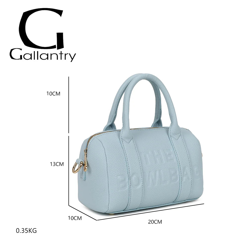 Dimensions du Bowlbag mini bleu pastel : 20 × 10 × 13 cm, anses de 10 cm, poids de 0,35 kg – réf. R-1995