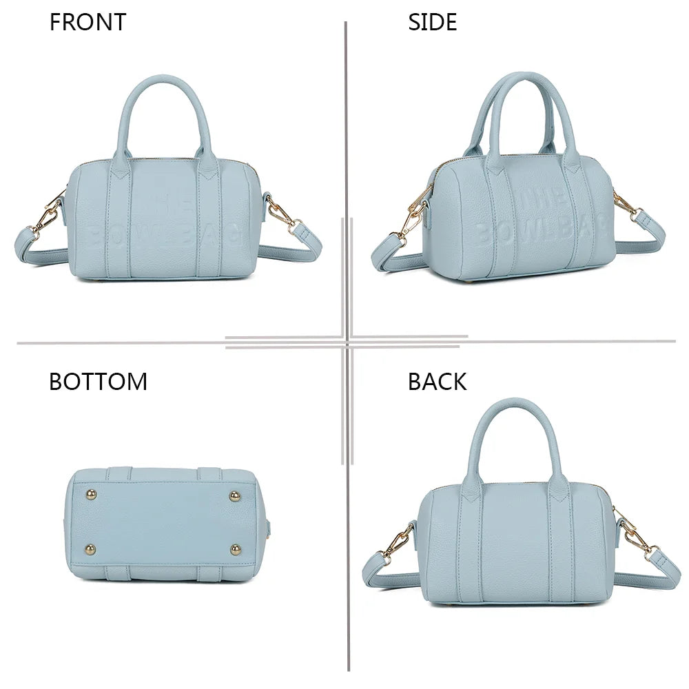 Bowlbag mini bleu pastel sous quatre angles : face, côté, dessous et dos du mini sac bowling – réf. R-1995