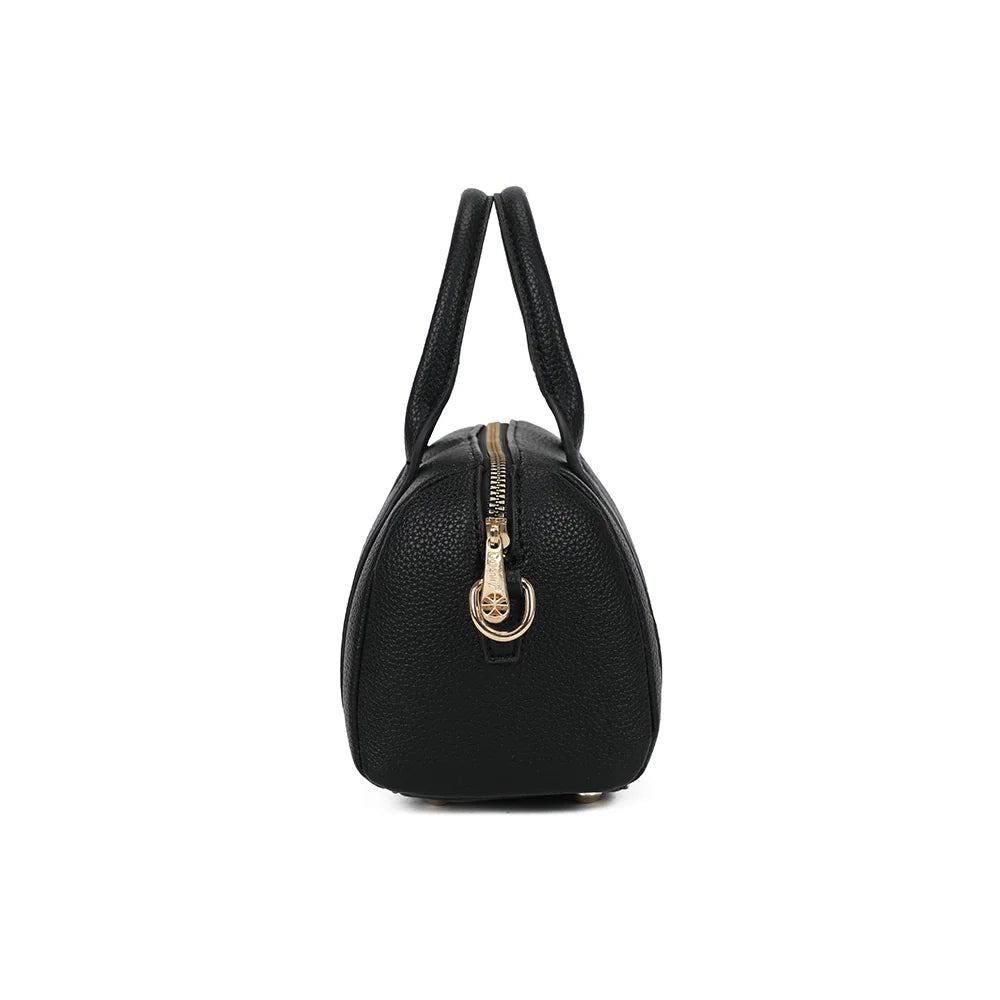 Profil du Bowlbag mini noir : forme tonneau compacte et anneau doré pour la bandoulière – réf. R-1995