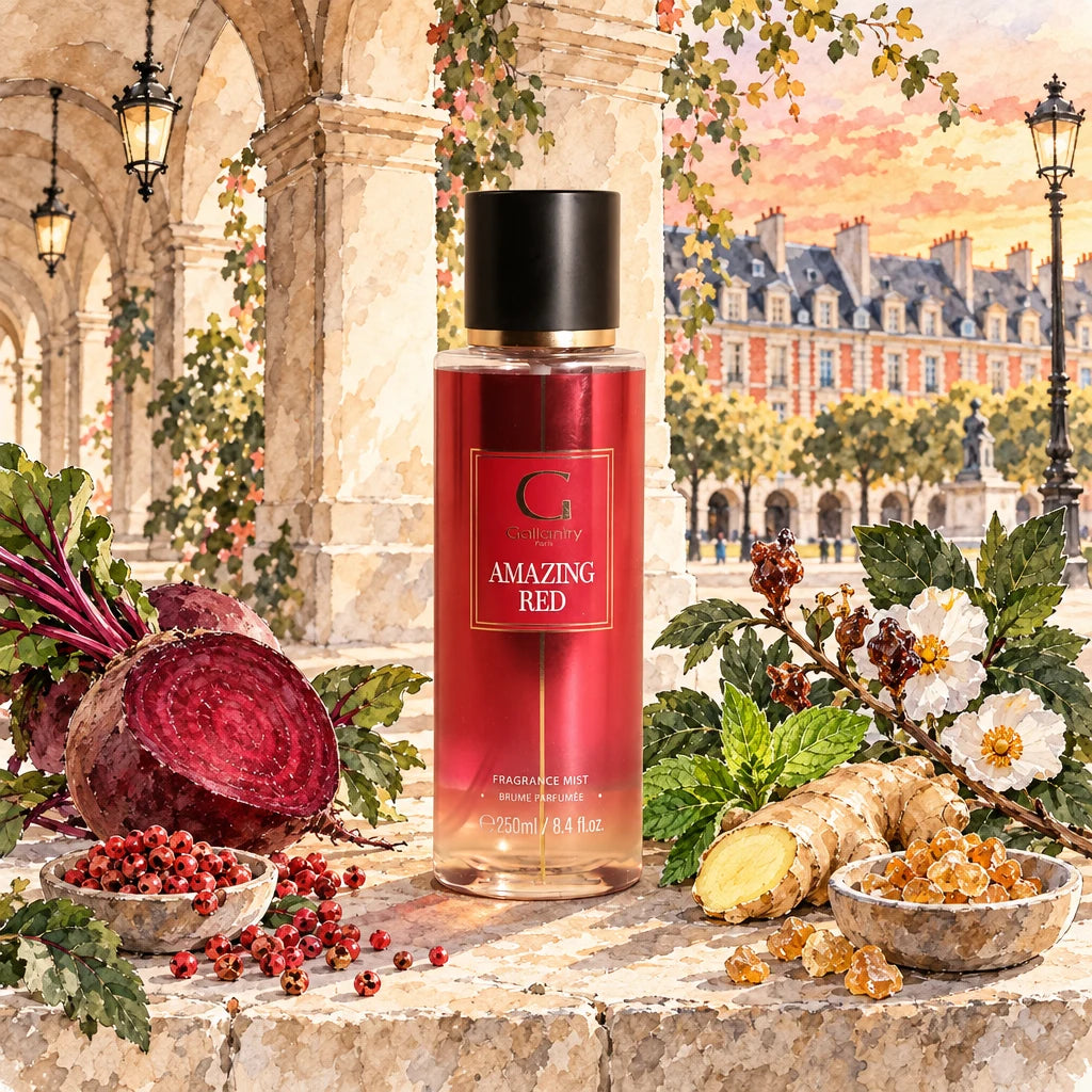 Brume parfumée Amazing Red de Gallantry sous les arcades de la place des Vosges – illustration créée avec l'IA