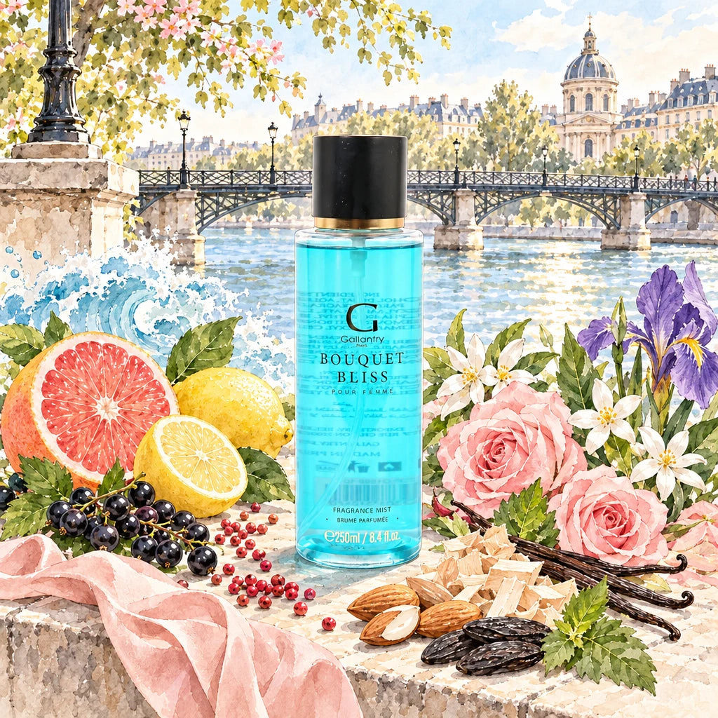 Brume parfumée Bouquet Bliss sur un quai de Seine près du Pont des Arts, illustration créée avec l'IA