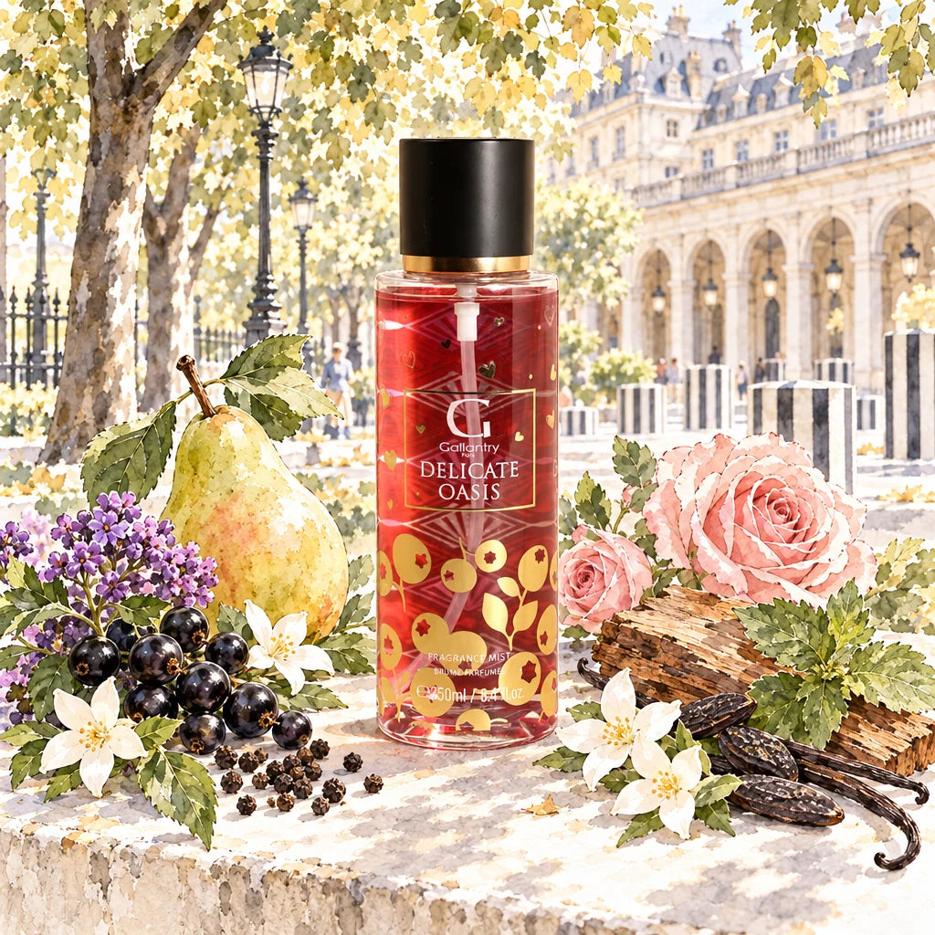 Brume parfumée Delicate Oasis sous les tilleuls du Palais-Royal, illustration créée avec l'IA