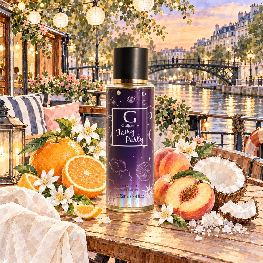 Brume parfumée Fairy Party sur une péniche-terrasse du canal Saint-Martin, illustration créée avec l'IA
