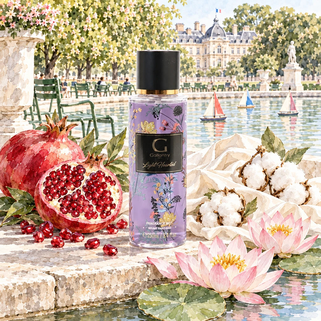 Brume parfumée Light Hearted, grenade et lotus au bassin du Luxembourg, illustration créée avec l'IA