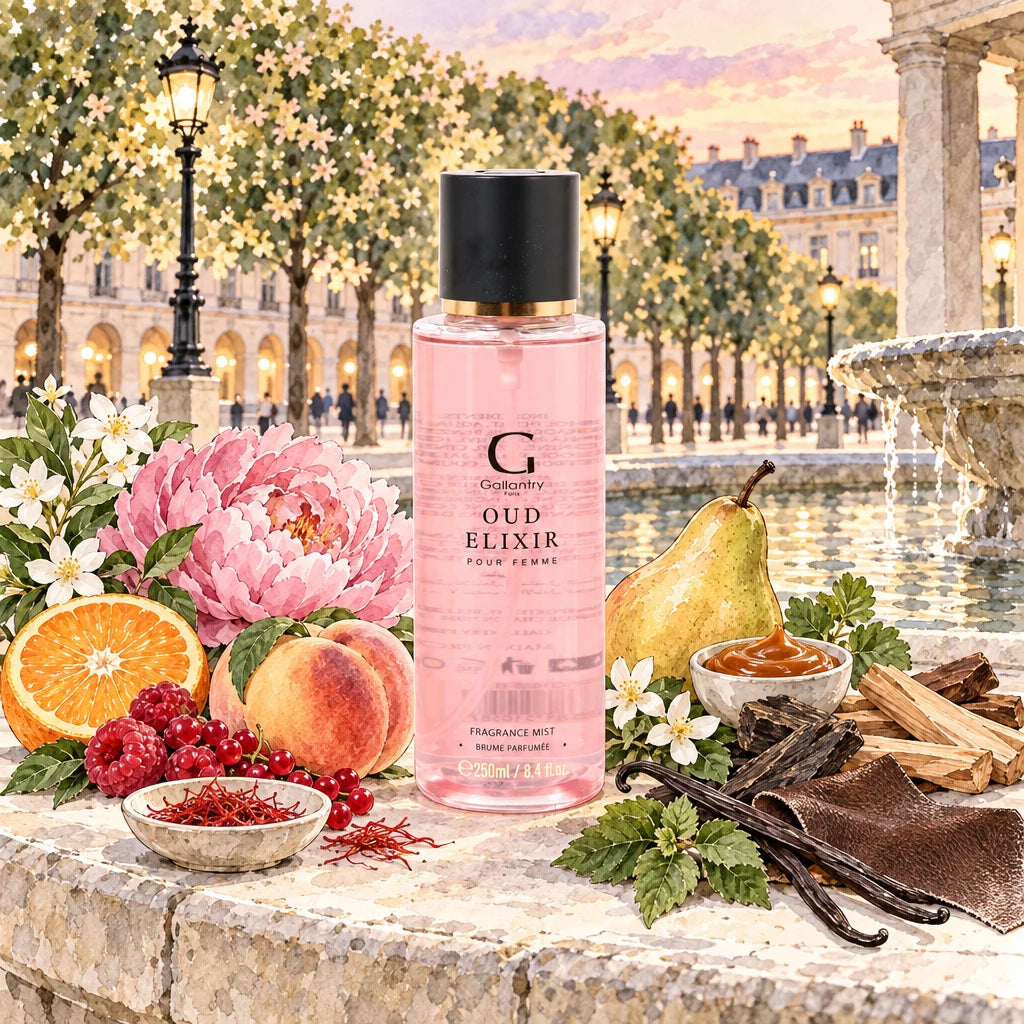 Brume parfumée Oud Elixir de Gallantry au Palais-Royal un soir d'été – illustration créée avec l'IA