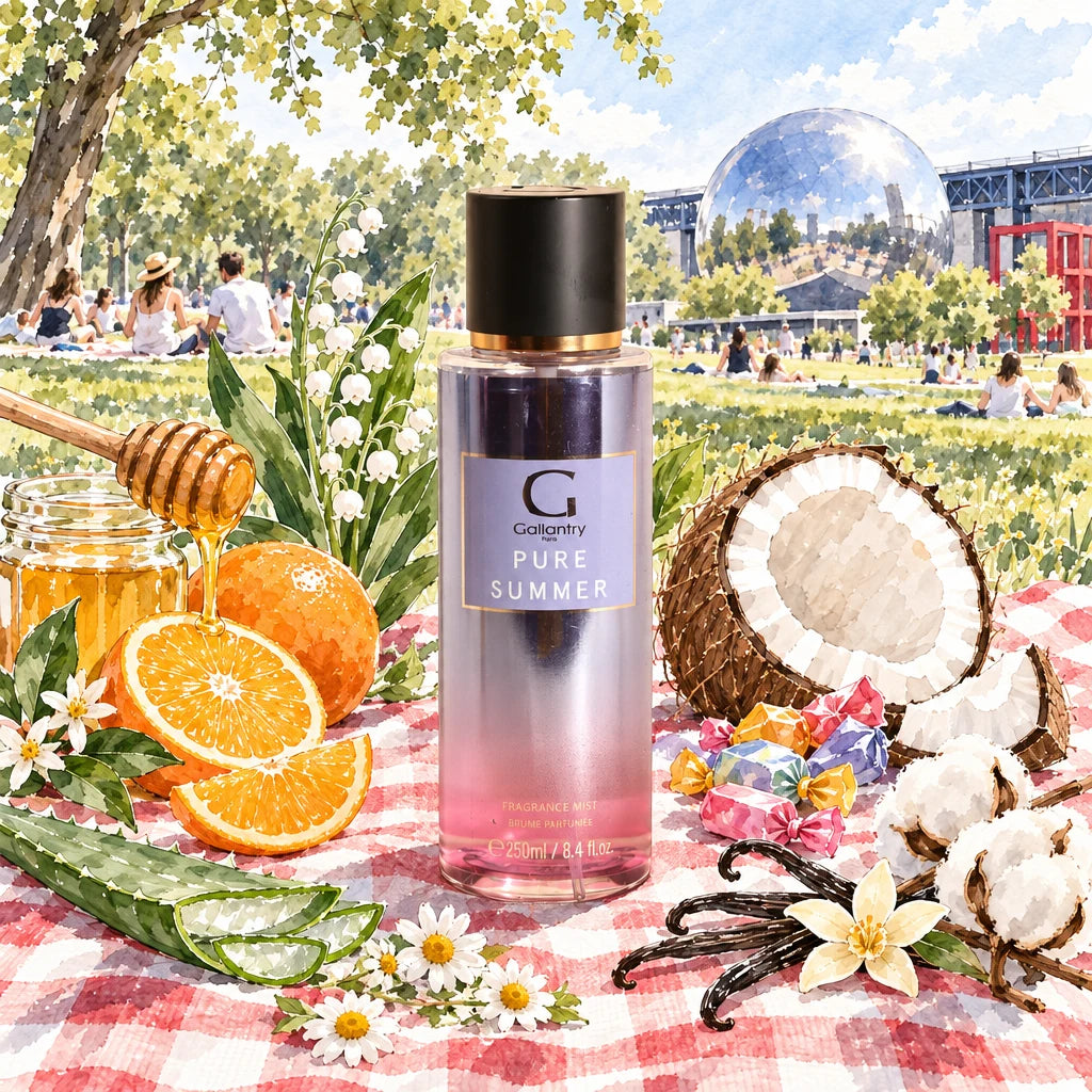Pure Summer, brume parfumée, en pique-nique au parc de la Villette, entourée de miel et coco, illustration créée avec l'IA