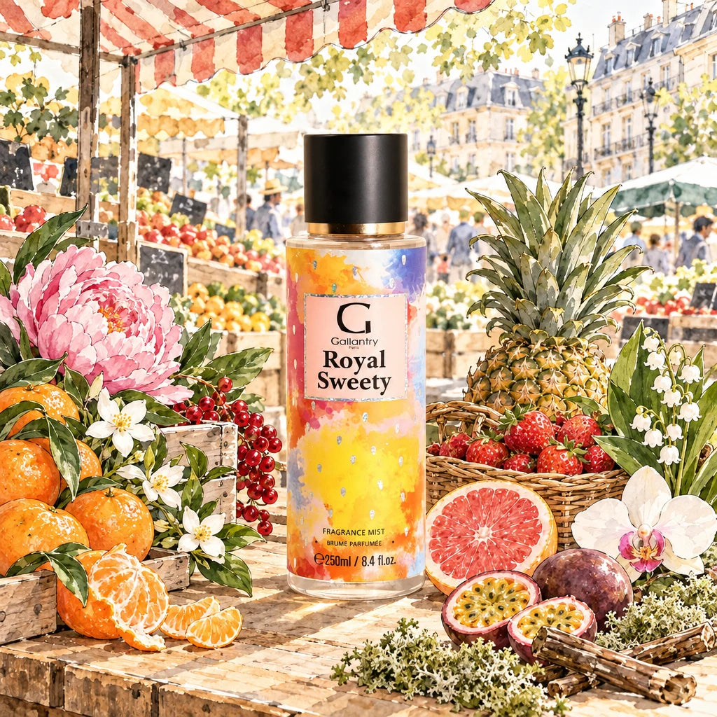 Royal Sweety, brume parfumée Gallantry, flacon parmi les fruits au marché d'Aligre, illustration créée avec l'IA