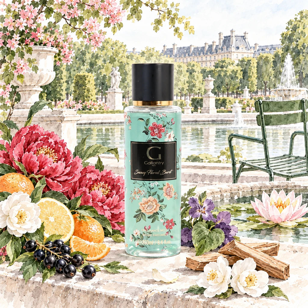 Brume parfumée Snowy Floral Burst au jardin des Tuileries, entourée de fleurs et d'agrumes, illustration créée avec l'IA