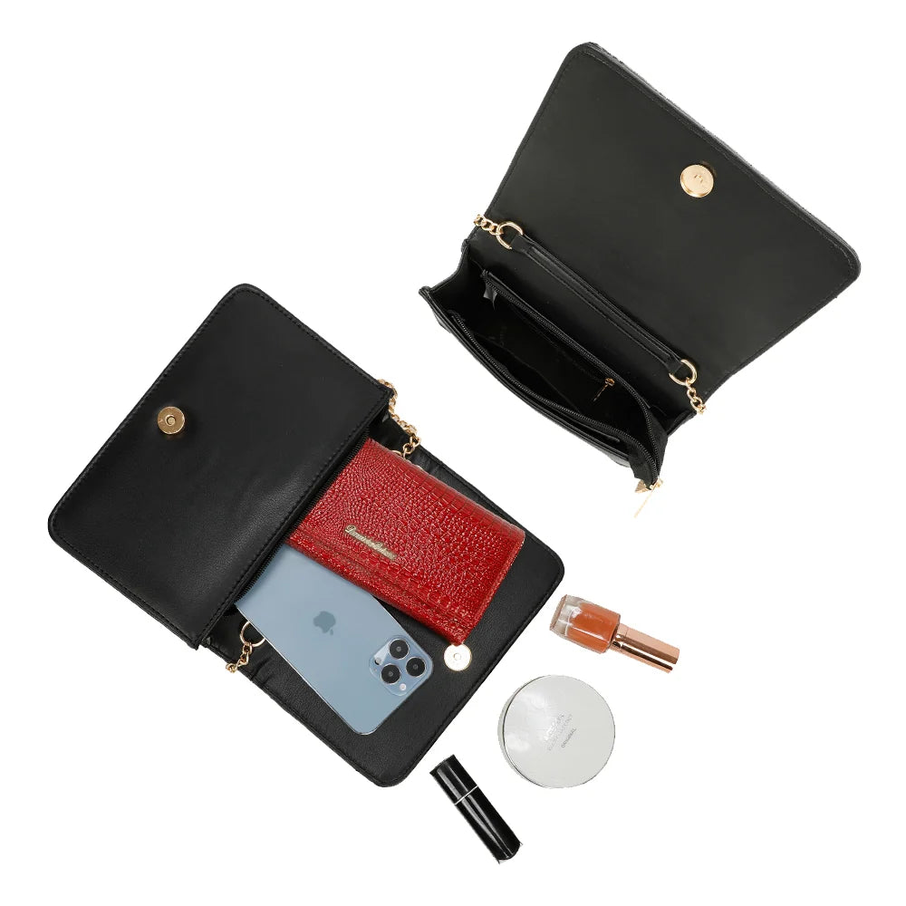 Intérieur du Camille noir : rabat à bouton-pression doré et poche zippée pour smartphone et essentiels – réf. C-0154