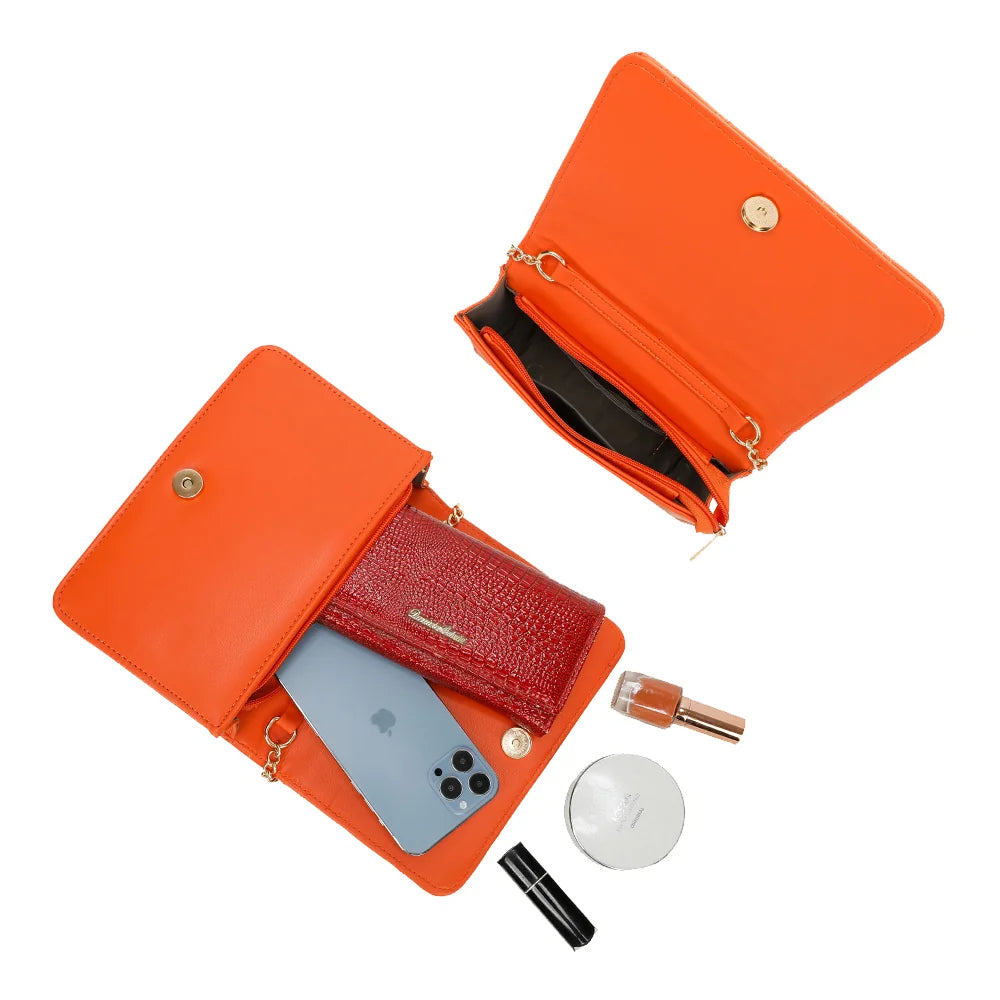 Intérieur du Camille orange : rabat à bouton-pression doré et poche zippée pour smartphone et essentiels – réf. C-0154