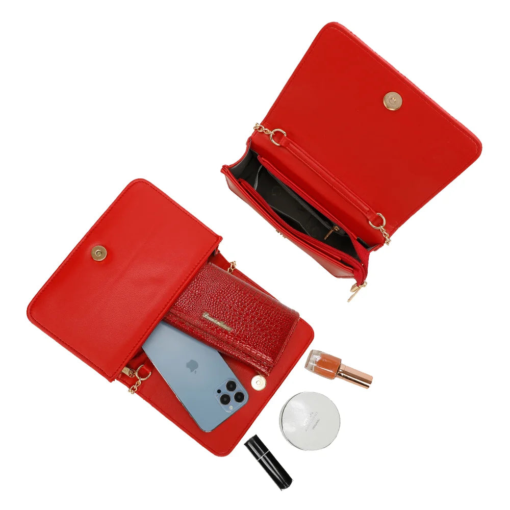 Intérieur du Camille rouge : rabat à bouton-pression doré et poche zippée pour smartphone et essentiels – réf. C-0154