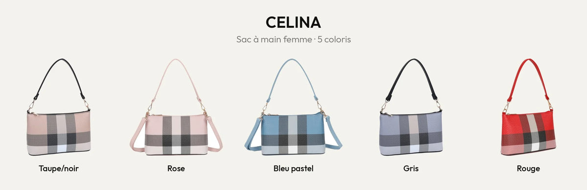 Sac à main femme Celina à carreaux en 5 coloris : Taupe/Noir, Rose, Bleu pastel, Gris et Rouge – Gallantry Paris – réf. DQ-8517-1