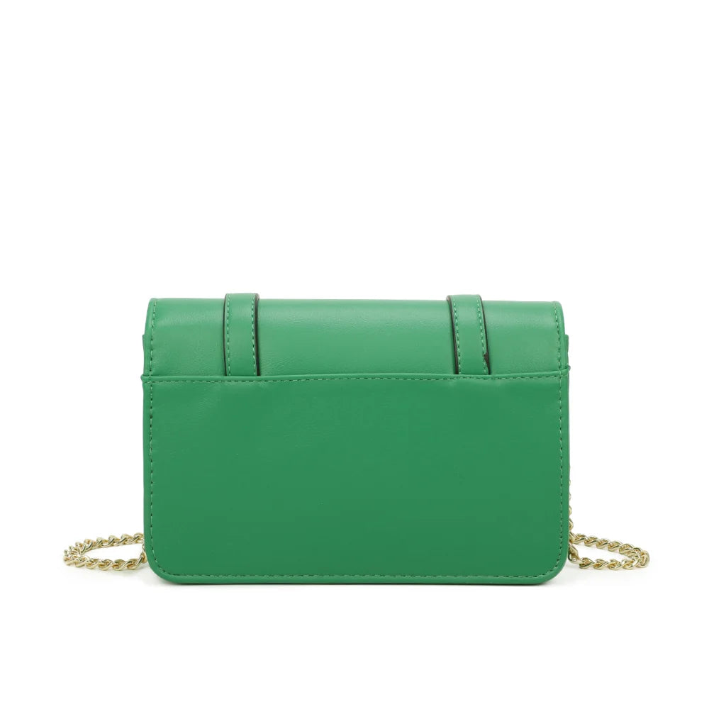 Vue de dos du Chic Intemporel vert : silhouette rectangulaire compacte et chaîne dorée – réf. C-0156