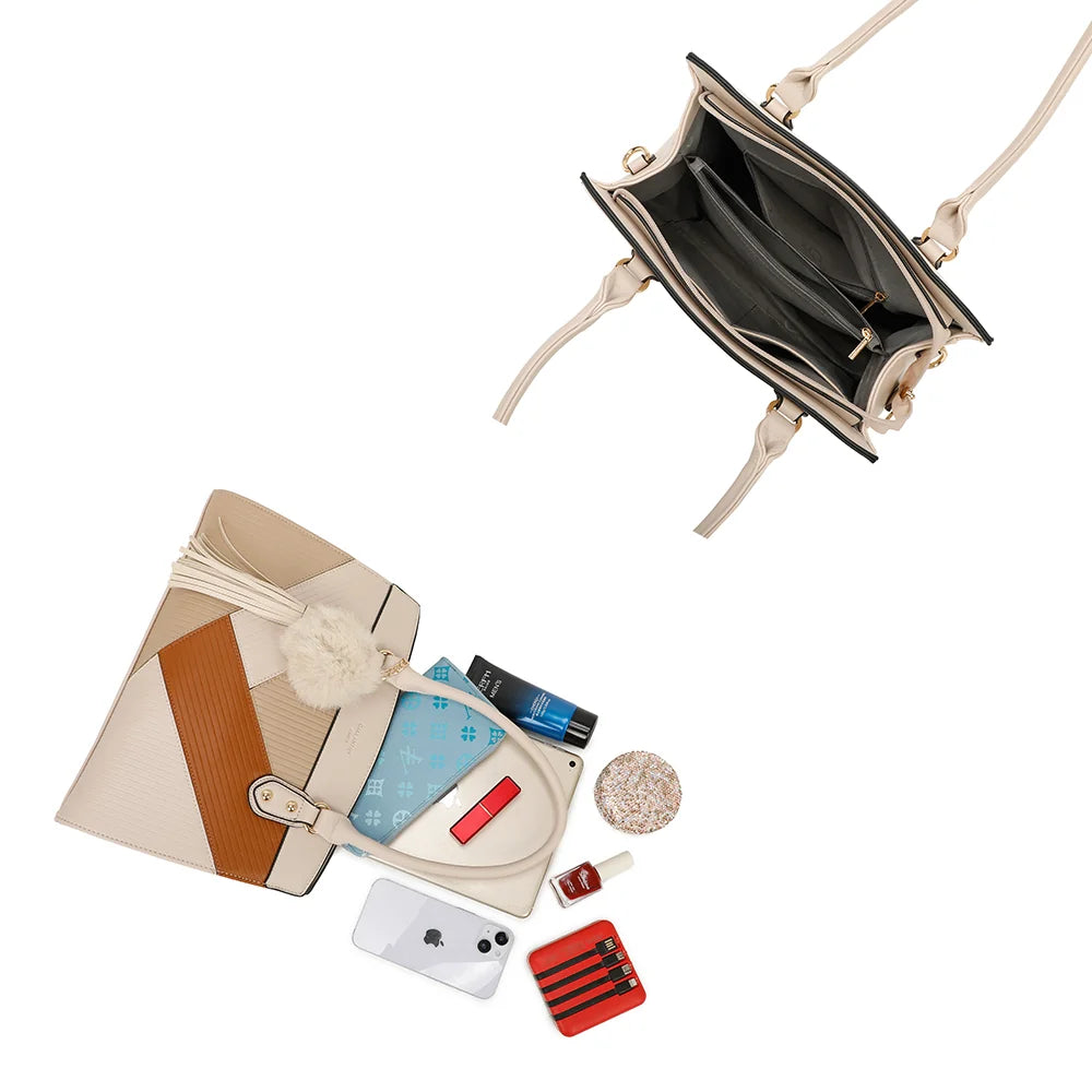 Intérieur du Cléo beige : compartiments et poche centrale zippée pour téléphone, portefeuille et tablette – réf. R-1501-4