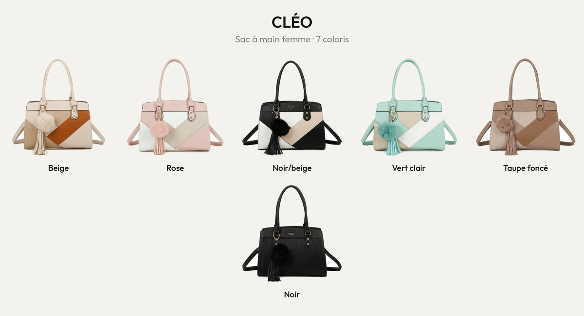 Le sac à main Cléo en 7 coloris : Beige, Rose, Noir/Beige, Vert clair, Taupe foncé, Rouge foncé et Noir – Gallantry Paris – réf. R-1501-4