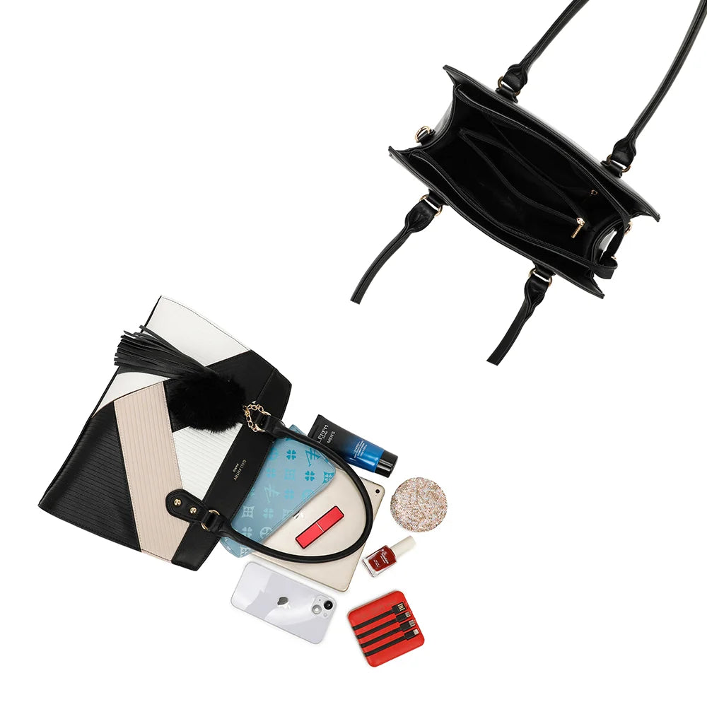 Intérieur du Cléo noir/beige : compartiments et poche centrale zippée pour téléphone, portefeuille et tablette – réf. R-1501-4