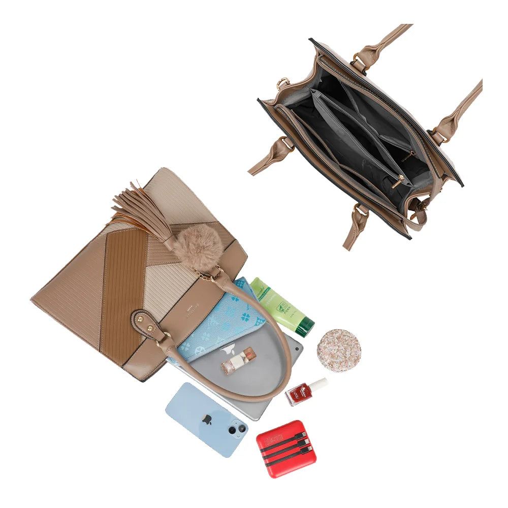 Intérieur du Cléo taupe foncé : compartiments et poche centrale zippée pour téléphone, portefeuille et tablette – réf. R-1501-4