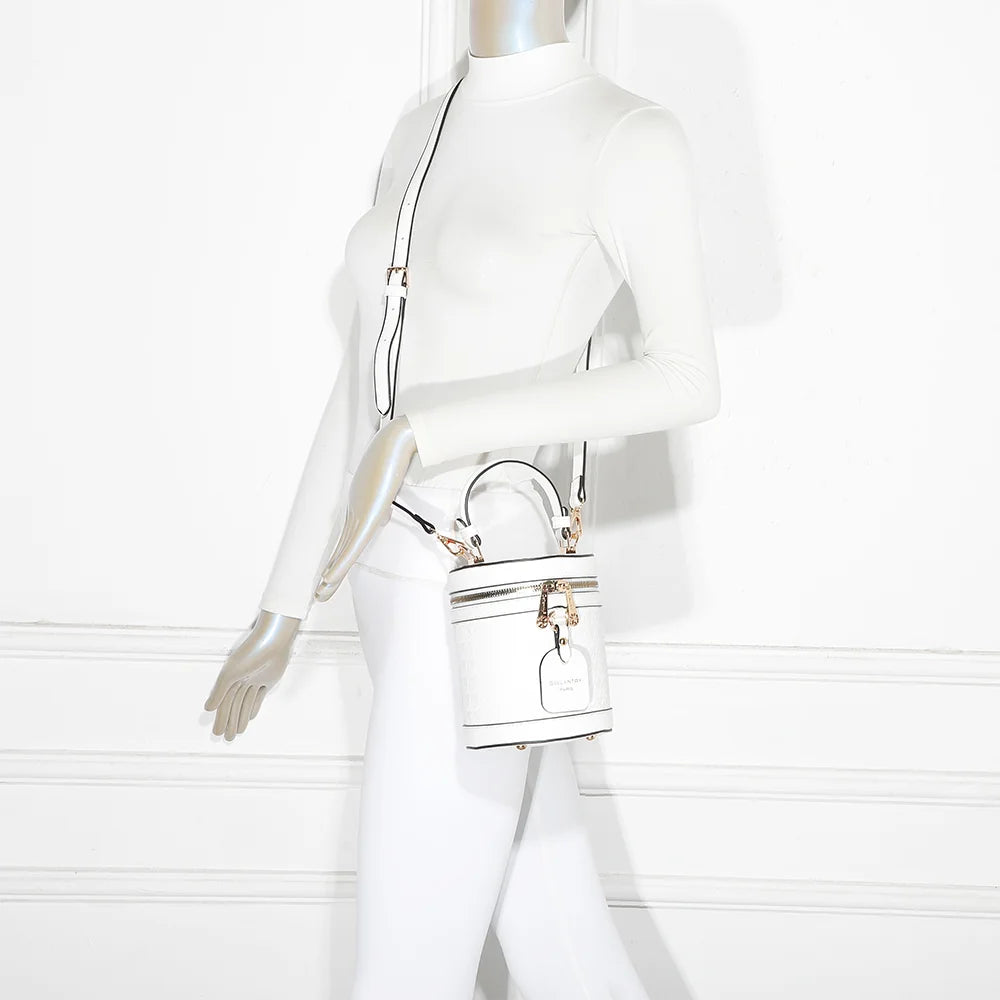 Sac à main femme Cylia blanc porté, format compact façon vanity-case et finitions dorées – réf. R-1958