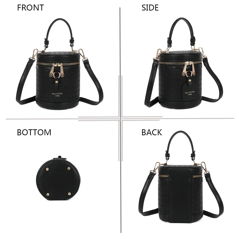 La Cylia noir sous quatre angles : face, côté, dessous et dos de sa silhouette cylindrique – réf. R-1958