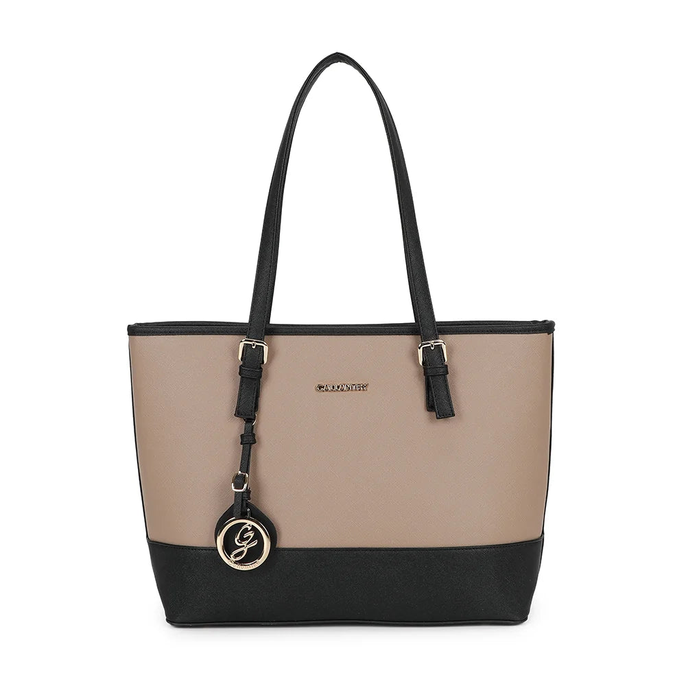 Sac cabas femme Déjà-vu beige synthétique, médaillon au logo doré – Gallantry Paris – réf. G-9227-9