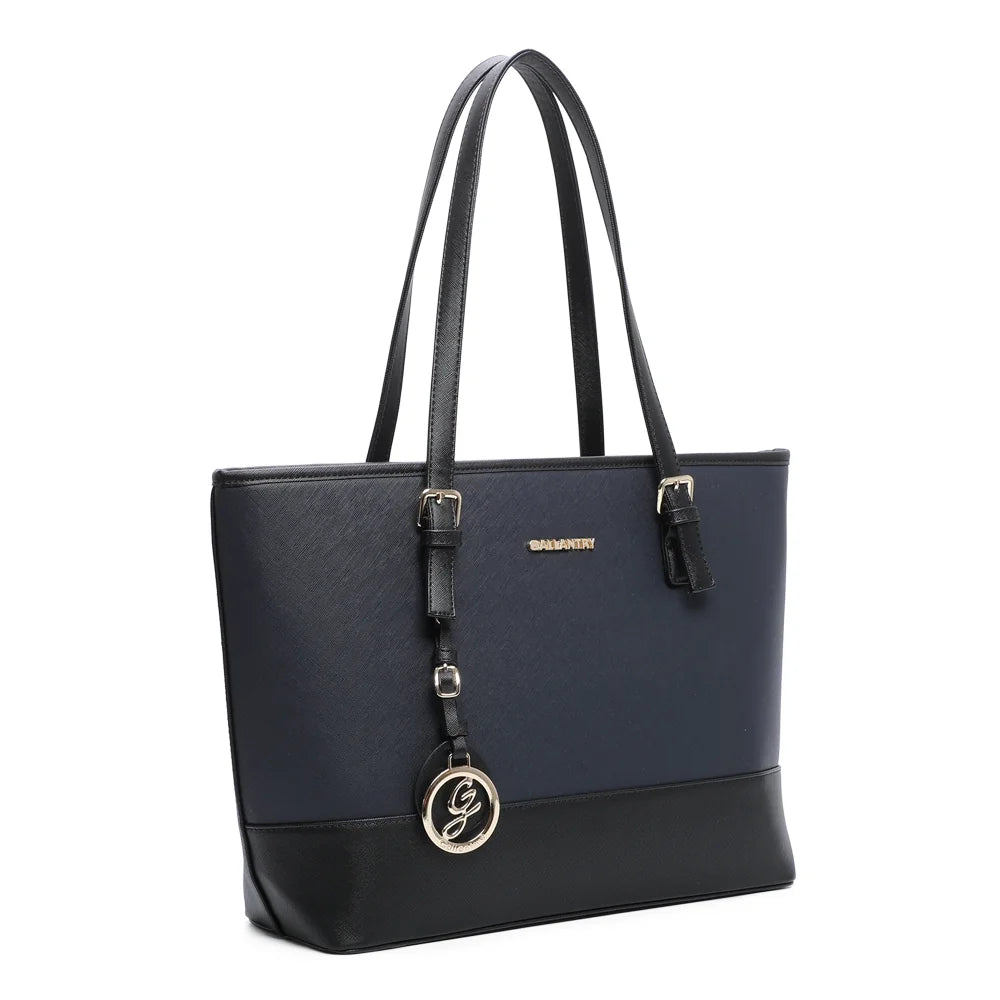 Sac cabas Déjà-vu bleu/noir de trois quarts, deux longues anses et boucles dorées – réf. G-9227-9