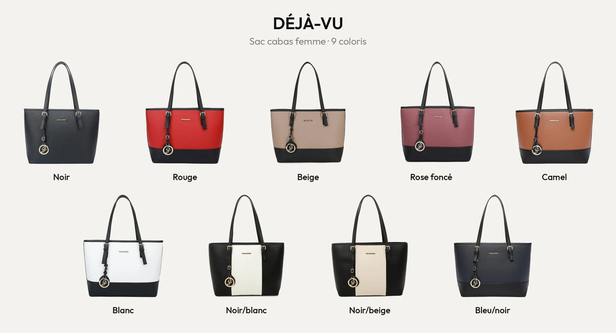 Déjà-vu, sac cabas femme zippé, en neuf coloris : noir, rouge, beige, rose foncé, camel, blanc, noir/blanc, noir/beige et bleu/noir – réf. G-9227-9
