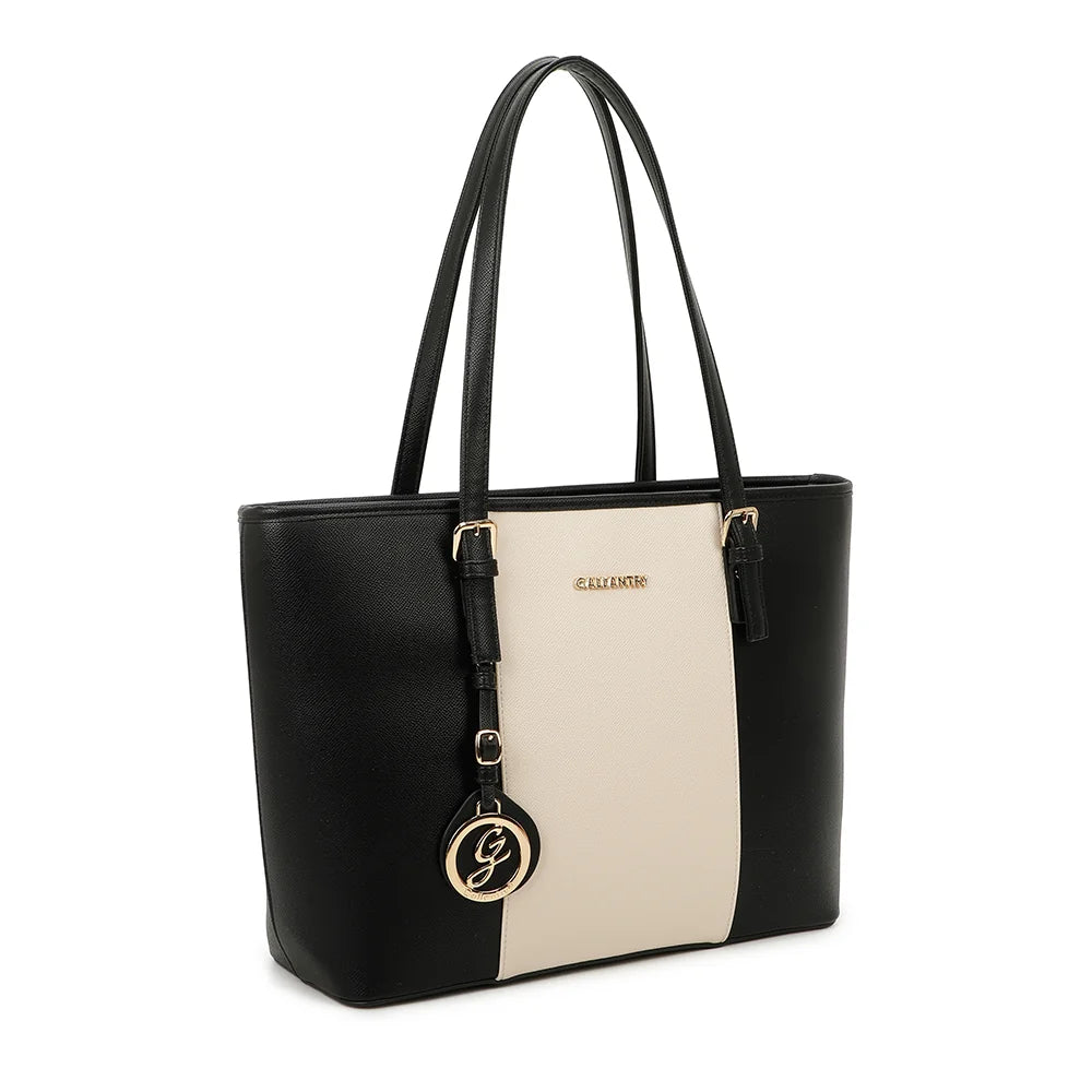 Sac cabas Déjà-vu noir/beige de trois quarts, deux longues anses et boucles dorées – réf. G-9227-9