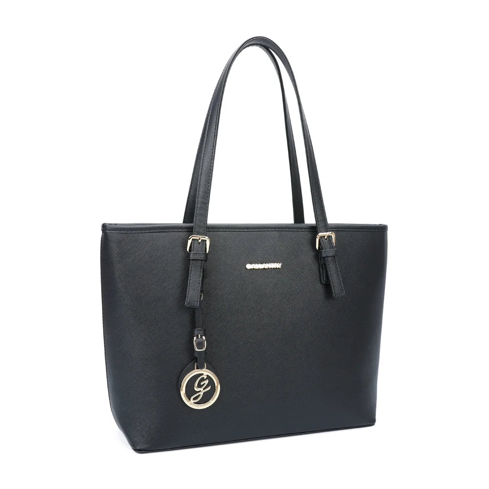 Sac cabas Déjà-vu noir de trois quarts, deux longues anses et boucles dorées – réf. G-9227-9